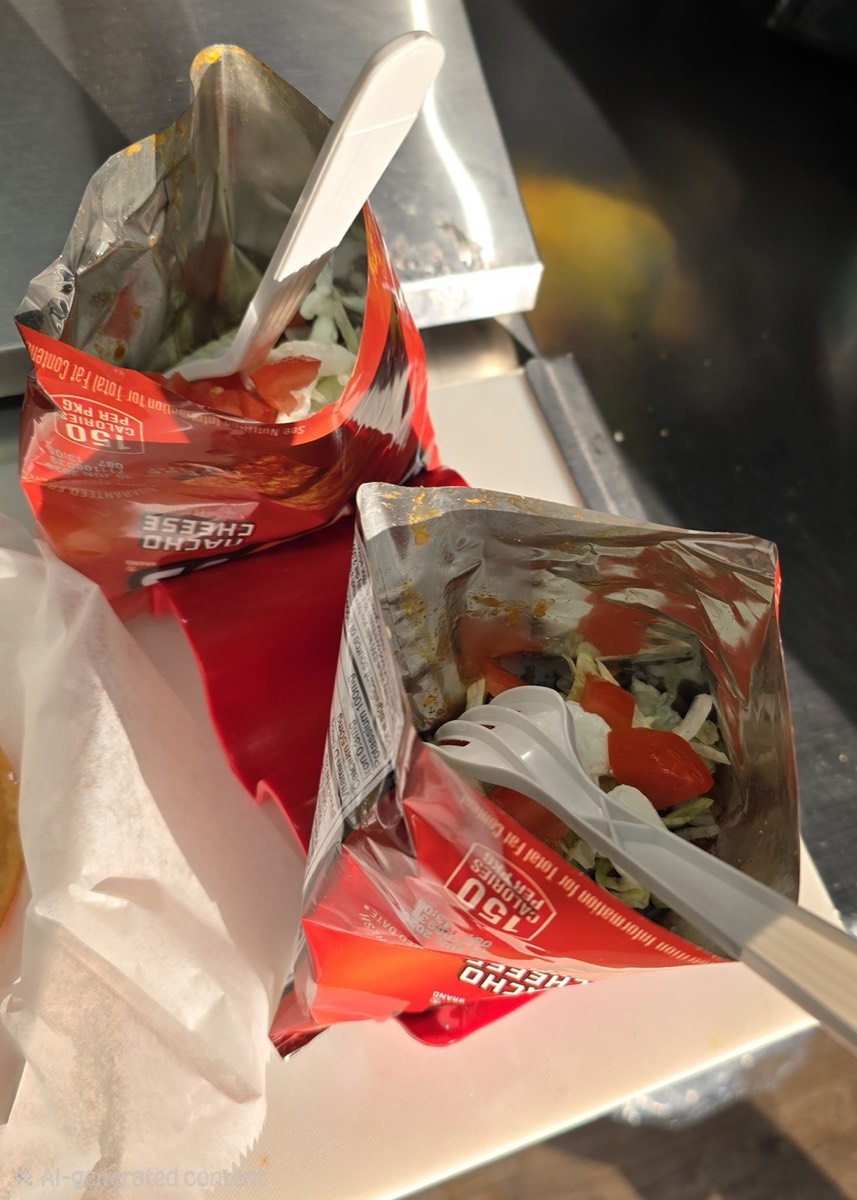 Walking tacos served in chip bags loaded with taco beef, lettuce, cheese and sour cream